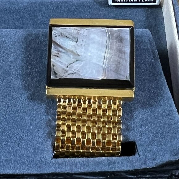 Vintage Dante Cufflinks W/ Mesh Band & Tahitian Pearl Accents In Velvet Box - Picture 5 of 6
